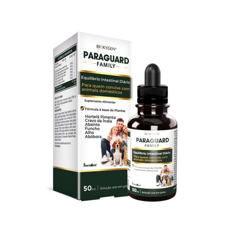 Paraguard Family 50 ml da Biokygen, suplemento alimentar líquido com extratos de plantas, apresentado em frasco com conta-gotas.