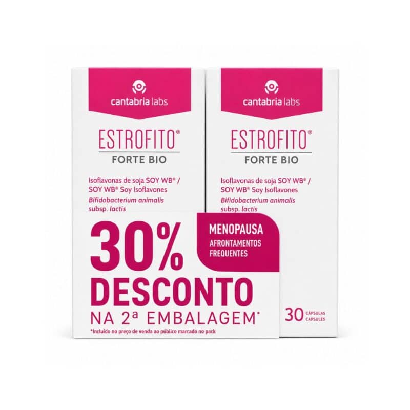 Estrofito Forte Bio Pack 2 x 30 Cápsulas Cantabria Labs com isoflavonas de soja e Bifidobacterium animalis S-EF para mulheres na menopausa.