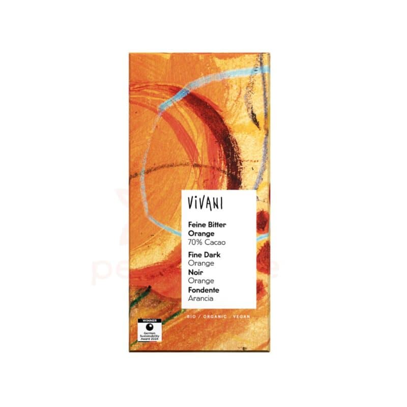 Chocolate Negro 70% com Laranja Bio 80gr Vivani, tablete biológica de cacau intenso com toque cítrico de laranja.