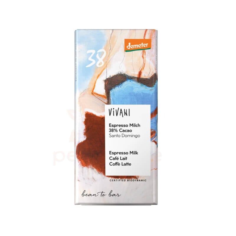 Chocolate de Leite e Expresso 38% Cacau Bio 90gr Vivani, tablete biológica cremosa com café expresso.