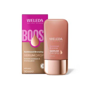 Booster Sérum Drops Bronzeador 30ml Weleda, sérum facial com pigmentos minerais, aloe vera, ácido hialurónico e óleo de alperce para um efeito bronzeado luminoso.
