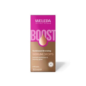 Booster Sérum Drops Bronzeador 30ml Weleda, sérum facial com pigmentos minerais, aloe vera, ácido hialurónico e óleo de alperce para um efeito bronzeado luminoso.