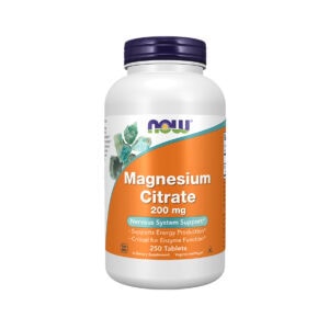 Citrato de Magnésio 200mg 250 Comprimidos Now Foods em embalagem branca com tampa laranja.