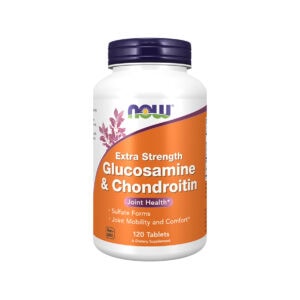 Glucosamina e Condroitina Extra Strength 120 Comprimidos Now Foods em embalagem branca com tampa laranja.