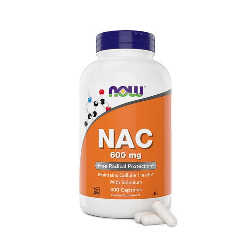 NAC 600mg 250 Cápsulas Now Foods, suplemento com N-acetilcisteína e selénio para apoio antioxidante e saúde celular.