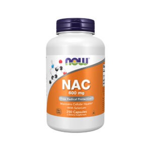 NAC 600mg 250 Cápsulas Now Foods, suplemento com N-acetilcisteína e selénio para apoio antioxidante e saúde celular.