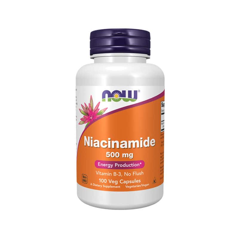 Niacinamida 500mg 100 Cápsulas Now Foods em embalagem branca com tampa laranja.