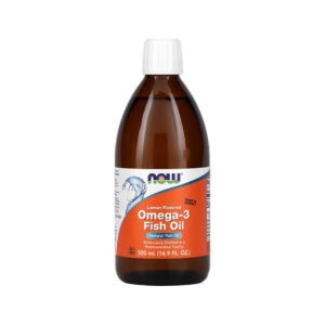 Omega 3 Fish Oil 500ml Now Foods em embalagem de suplemento alimentar líquido à base de óleo de peixe.