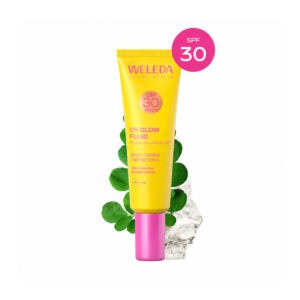 Protetor Solar Mineral FPS 30 UV Glow Fluído 30ml Weleda, fluido facial com filtros minerais, óleo de moringa e pigmentos iluminadores para proteção diária.
