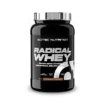 Radical Whey Chocolate 1kg Scitec Nutrition, proteína whey em pó com concentrado e isolado de soro de leite, aminoácidos e creatina.