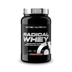 Radical Whey Chocolate 1kg Scitec Nutrition, proteína whey em pó com concentrado e isolado de soro de leite, aminoácidos e creatina.