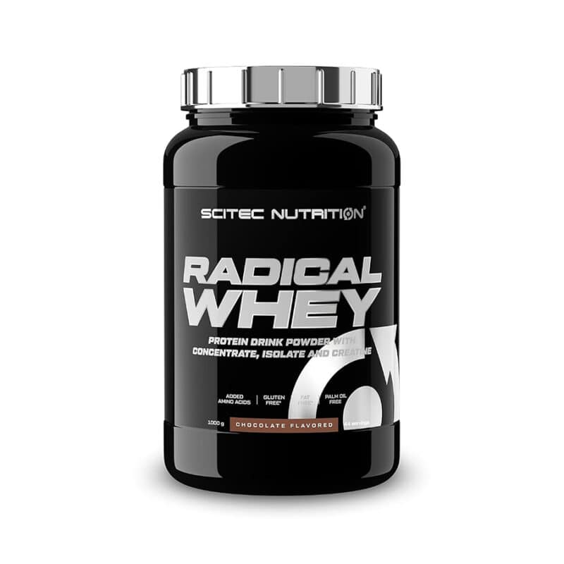 Radical Whey Chocolate 1kg Scitec Nutrition, proteína whey em pó com concentrado e isolado de soro de leite, aminoácidos e creatina.