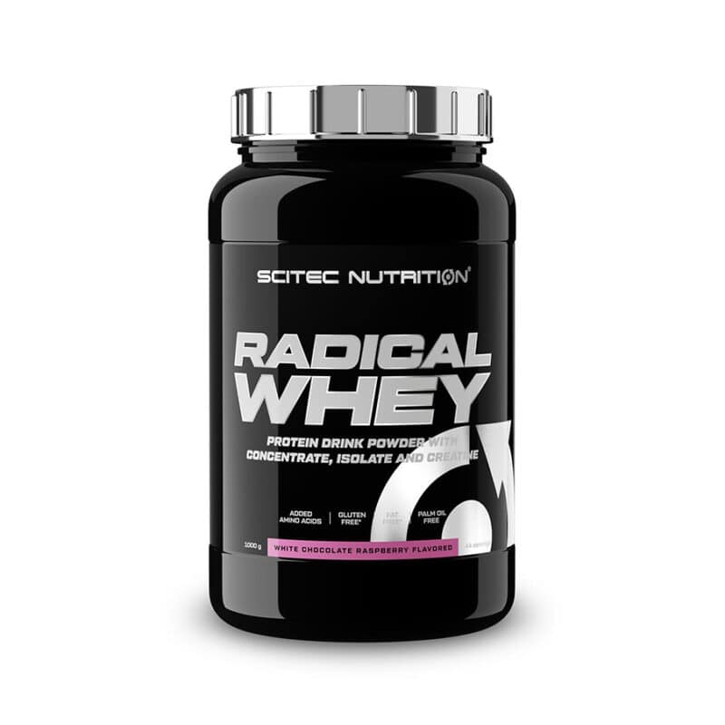 Radical Whey Chocolate Branco e Framboesa 1kg Scitec Nutrition, proteína whey em pó com concentrado e isolado de soro de leite, aminoácidos e creatina.