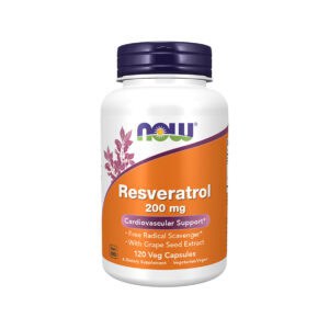 Resveratrol 200mg 120 Cápsulas Vegetais Now Foods em embalagem branca com tampa laranja.