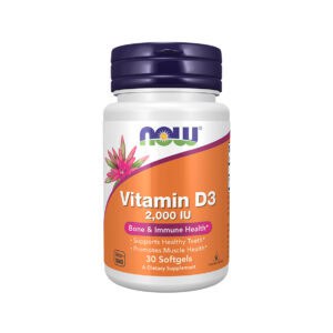 Vitamina D3 2000UI 30 Cápsulas Now Foods em embalagem branca com tampa laranja.