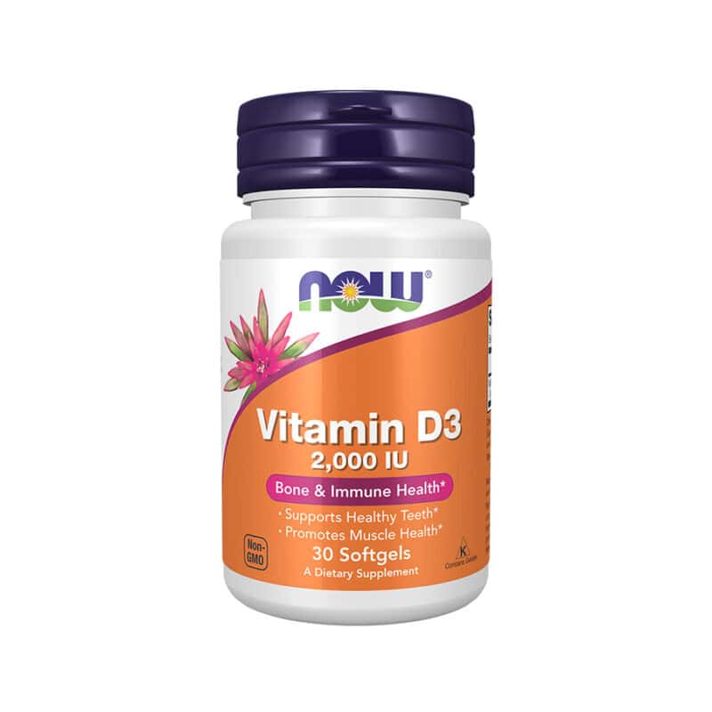 Vitamina D3 2000UI 30 Cápsulas Now Foods em embalagem branca com tampa laranja.