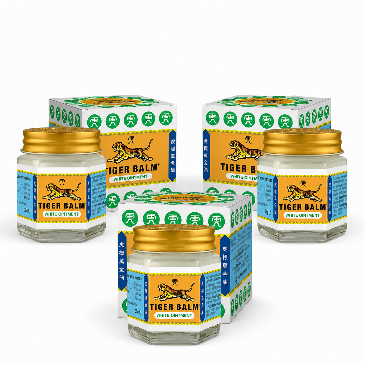 Texto alternativo: Tiger Balm Bálsamo Branco 19 g Tiger, bálsamo tópico aromático em frasco compacto.