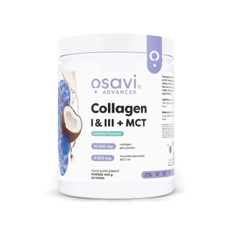 Collagen Tipo 1 e 3 com MCT 400gr Osavi, suplemento alimentar em pó com colagénio e triglicéridos de cadeia média.