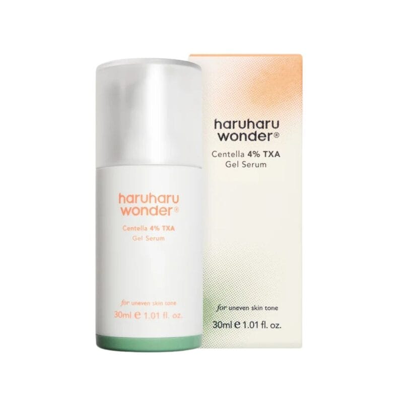Sérum Centella 4% TXA Gel 30ml Haruharu Wonder, sérum facial em gel com 4% de ácido tranexâmico, 4% de niacinamida e centella asiática para ajudar a reduzir manchas e uniformizar o tom da pele.