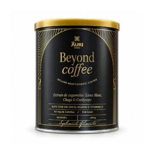 Beyond Coffee Auri Foods, preparado em pó com café e extratos de cogumelos, em embalagem de 300 g.