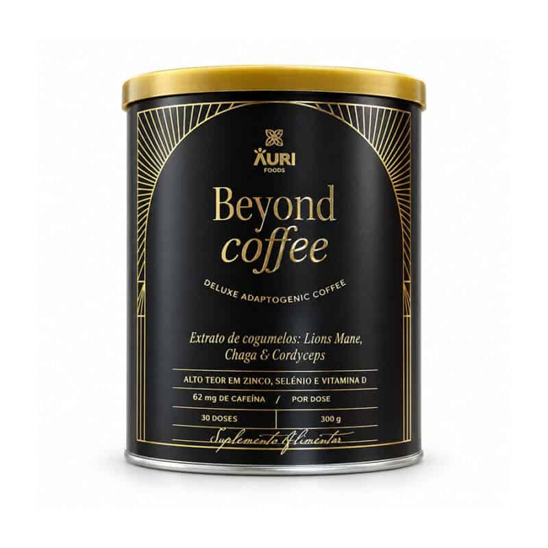 Beyond Coffee Auri Foods, preparado em pó com café e extratos de cogumelos, em embalagem de 300 g.