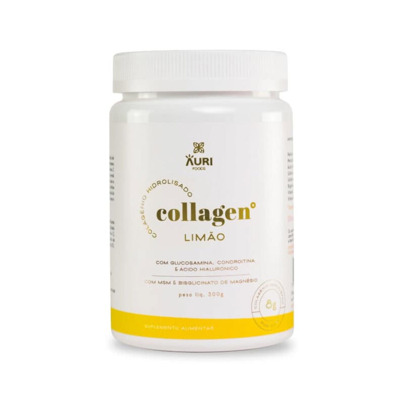 Collagen Limão Auri Foods, suplemento alimentar em pó com colagénio hidrolisado e sabor a limão, em embalagem de 300 g.
