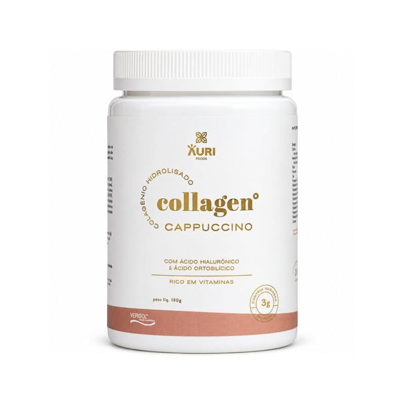 Collagen Verisol Cappuccino Auri Foods, suplemento alimentar em pó com sabor a cappuccino, em embalagem de 180 g.