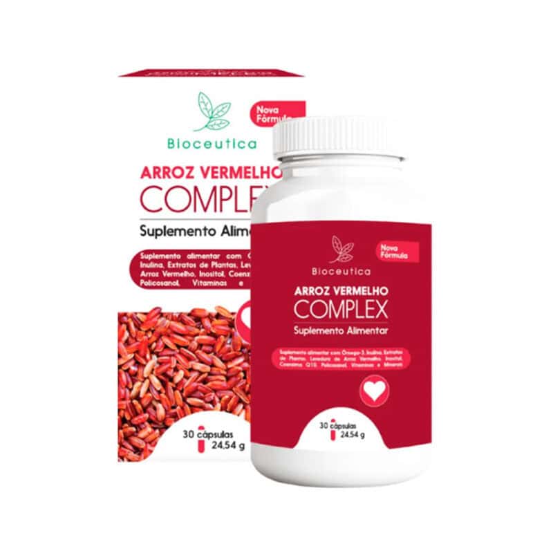 Arroz Vermelho Complex Bioceutica, suplemento alimentar com arroz vermelho fermentado, ómega-3 e coenzima Q10, em embalagem de 30 cápsulas.