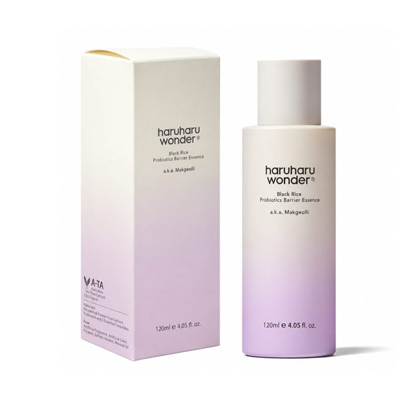 Essência facial Black Rice Probiotics Barrier Haruharu Wonder em embalagem de 120 ml.