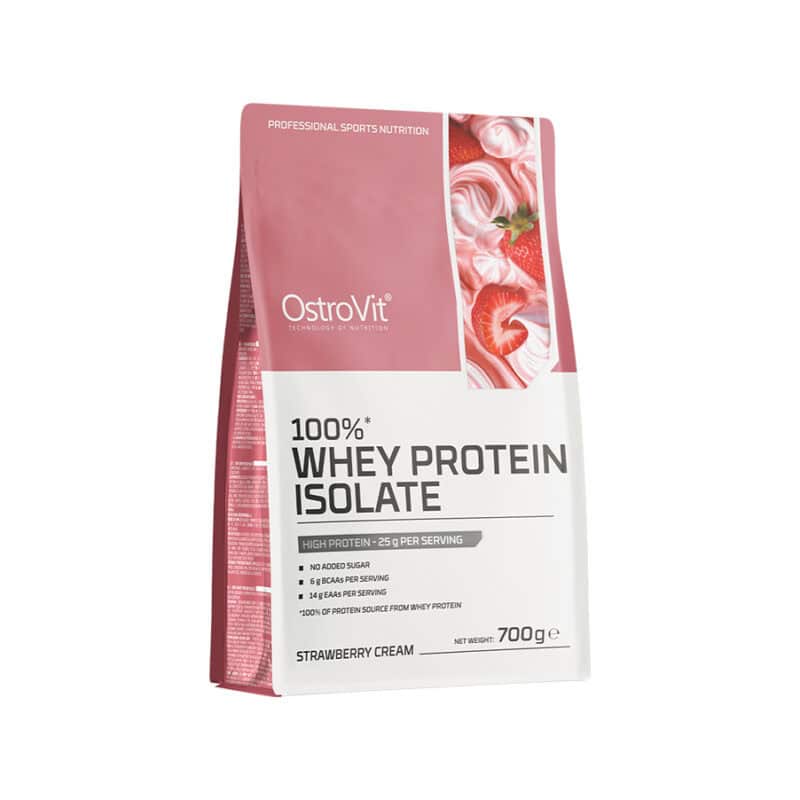 100% Whey Protein Isolate Strawberry Cream 700gr OstroVit, proteína whey isolada em pó sabor morango cremoso.