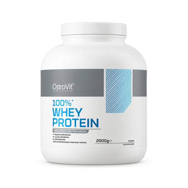 100% Whey Protein Tiramisu 2 kg da OstroVit, suplemento em pó à base de concentrado de proteína de soro de leite, com 21 g de proteína por dose.