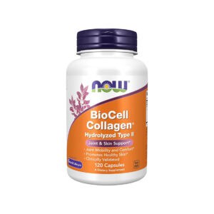 Biocell Collagen Hydrolyzed Type II 120 Cápsulas Now Foods com colagénio hidrolisado tipo II.