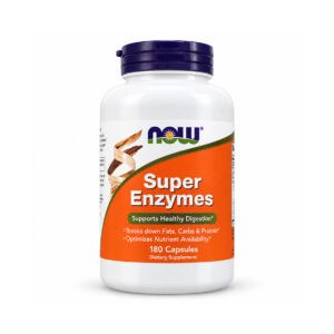 Super Enzymes 180 cápsulas da NOW Foods, suplemento alimentar com enzimas digestivas como bromelaína, papaína, pancreatina e pepsina.
