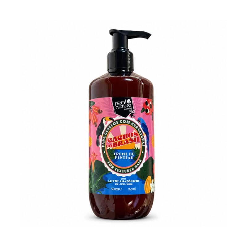 Creme de Pentear Cachos do Brasil 500 ml da Real Natura, cuidado sem enxaguamento para cabelos encaracolados e ondulados.
