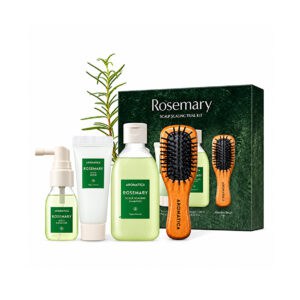 Rosemary Scalp Scaling Trial Kit Aromatica, kit de cuidados do couro cabeludo com champô, esfoliante, tónico e mini escova de madeira.