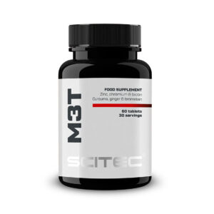 O M3T da Scitec Nutrition é um suplemento alimentar em comprimidos formulado com extratos de curcuma, gengibre, alho e canela, bromelaína, papaína, zinco, crómio e biotina.