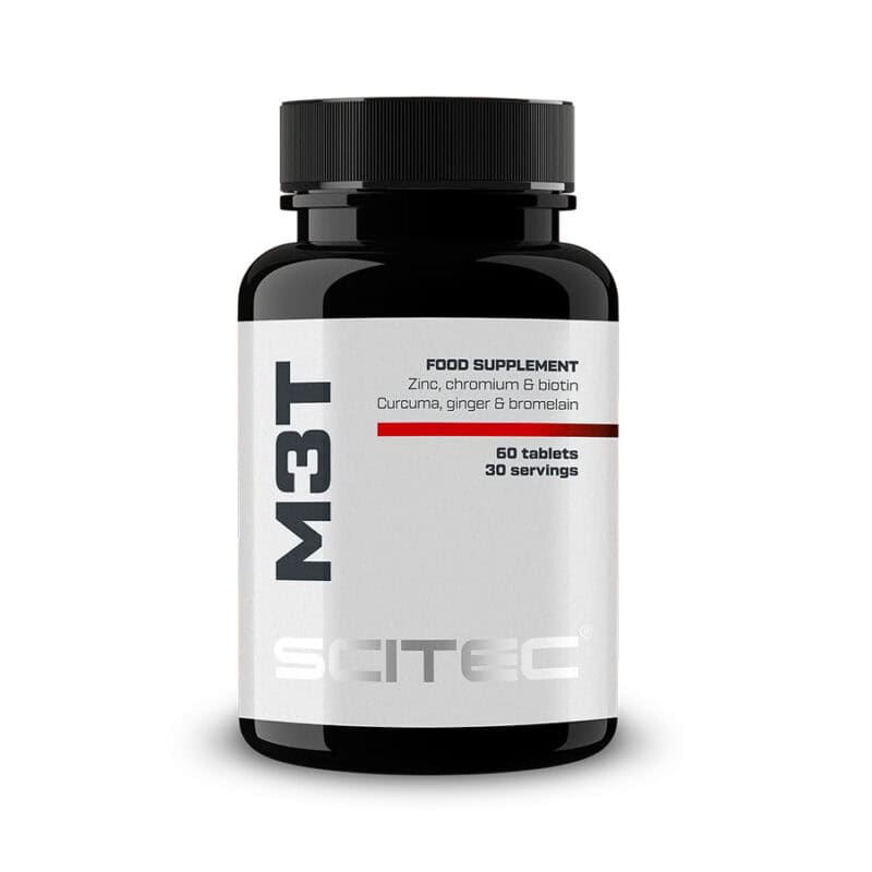 O M3T da Scitec Nutrition é um suplemento alimentar em comprimidos formulado com extratos de curcuma, gengibre, alho e canela, bromelaína, papaína, zinco, crómio e biotina.
