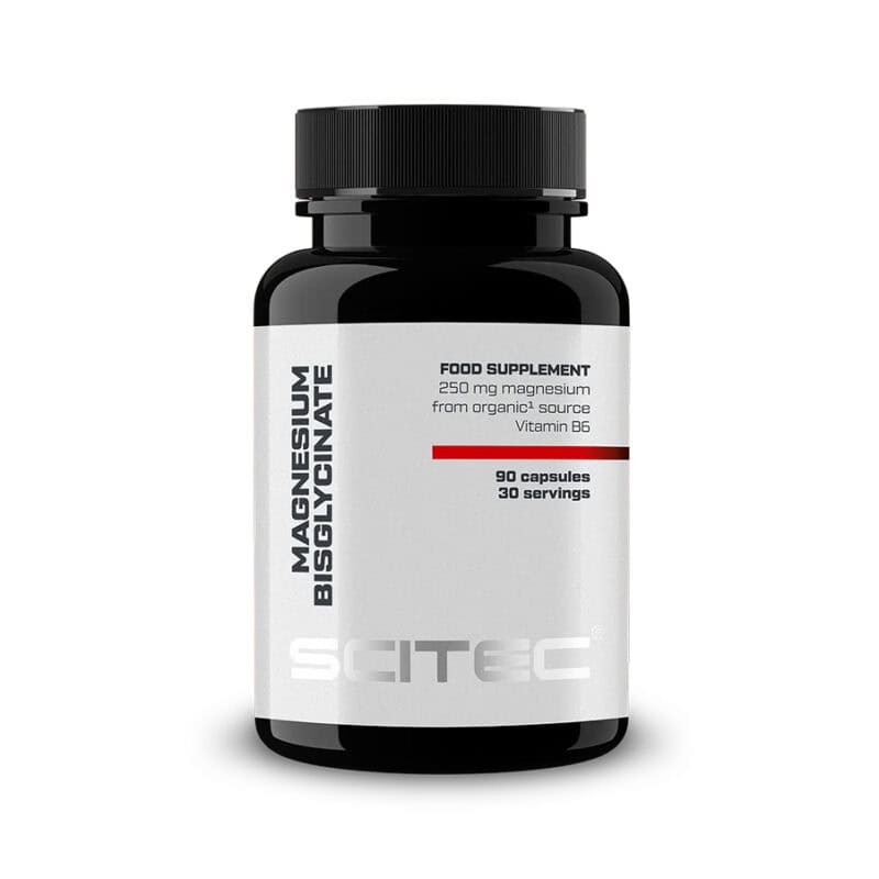 Magnesium Bisglycinate Scitec Nutrition, suplemento alimentar com bisglicinato de magnésio e vitamina B6, em embalagem de 90 cápsulas.