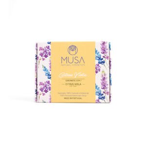 Sabonete 2 em 1 Citrus Viola da Musa, hidratante e esfoliante, em formato sólido de 125 g.