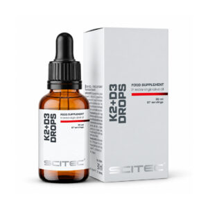 Vitamina K2 + D3 Drops Scitec Nutrition em embalagem de 30 ml, suplemento alimentar líquido em gotas.