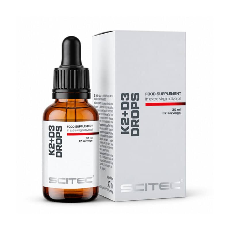 Vitamina K2 + D3 Drops Scitec Nutrition em embalagem de 30 ml, suplemento alimentar líquido em gotas.