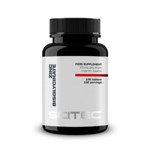 Zinc Bisglycinate Scitec Nutrition, suplemento alimentar com bisglicinato de zinco, em embalagem de 100 comprimidos.