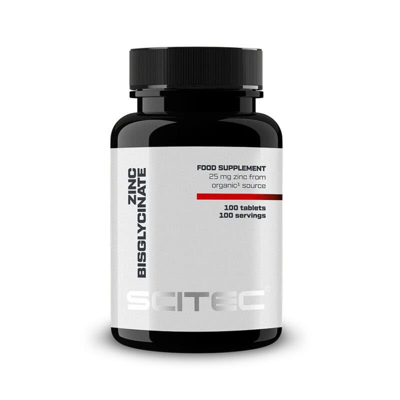 Zinc Bisglycinate Scitec Nutrition, suplemento alimentar com bisglicinato de zinco, em embalagem de 100 comprimidos.