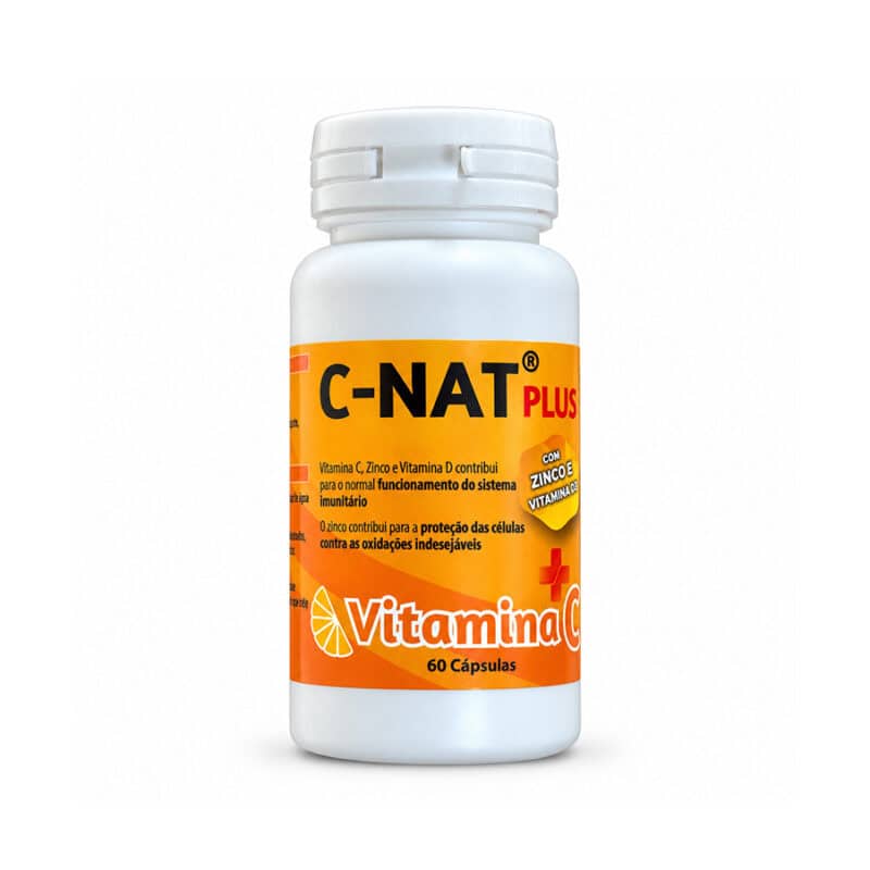 C-Nat Plus Natiris, suplemento alimentar com vitaminas C e D3 e zinco, em embalagem de 60 cápsulas.