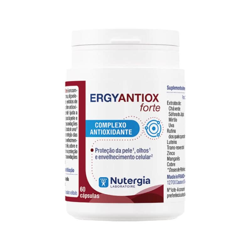 ErgyAntiox Forte Nutergia, suplemento alimentar com vitaminas, minerais e extratos vegetais, em embalagem de 60 cápsulas.