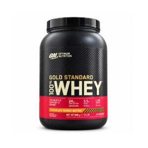 Gold Standard 100% Whey Optimum Nutrition, proteína em pó com sabor a chocolate e manteiga de amendoim, em embalagem de 896 g.